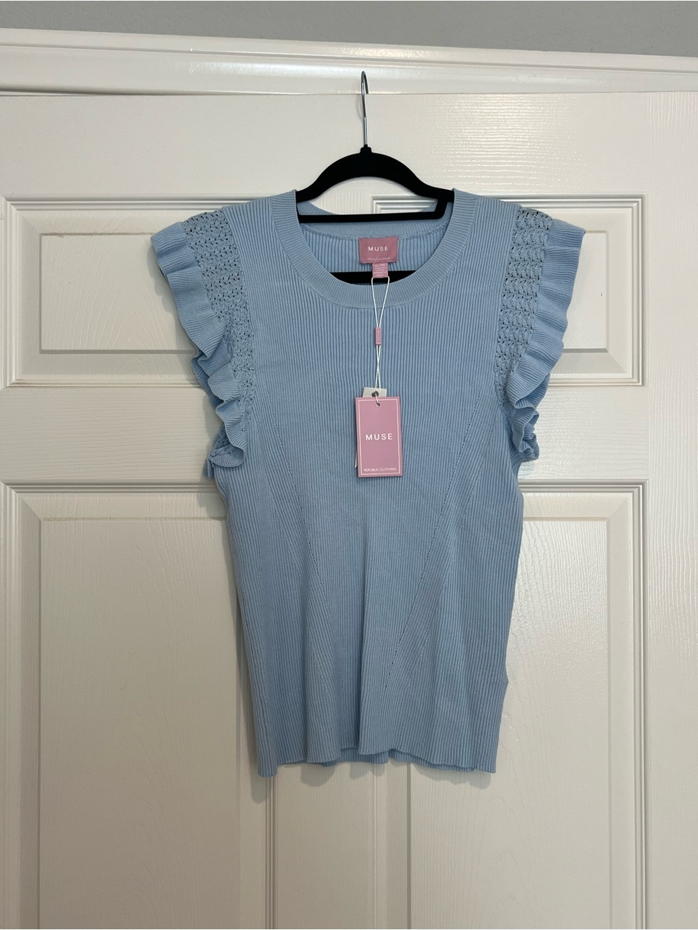 Muse Powder Blue Ruffle Sleeve Knit Sweater Tank